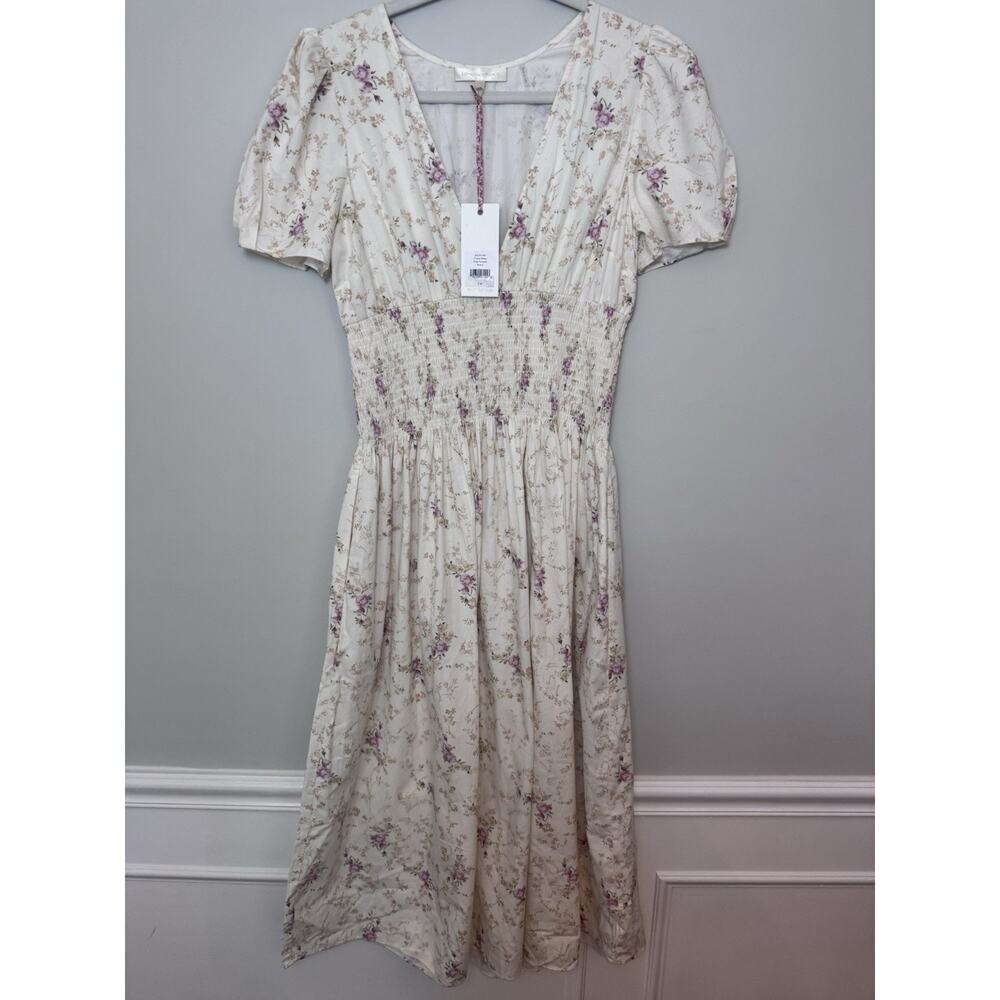 LoveShackFancy Cream Floral Midi Dress with Pink Bouquet Print - Picture 2 of 16